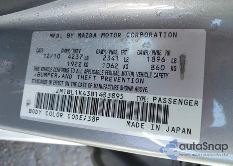 2011 Mazda Mazdaspeed3 Sport из США, поврежденный, VIN JM1BL1K43B1433895